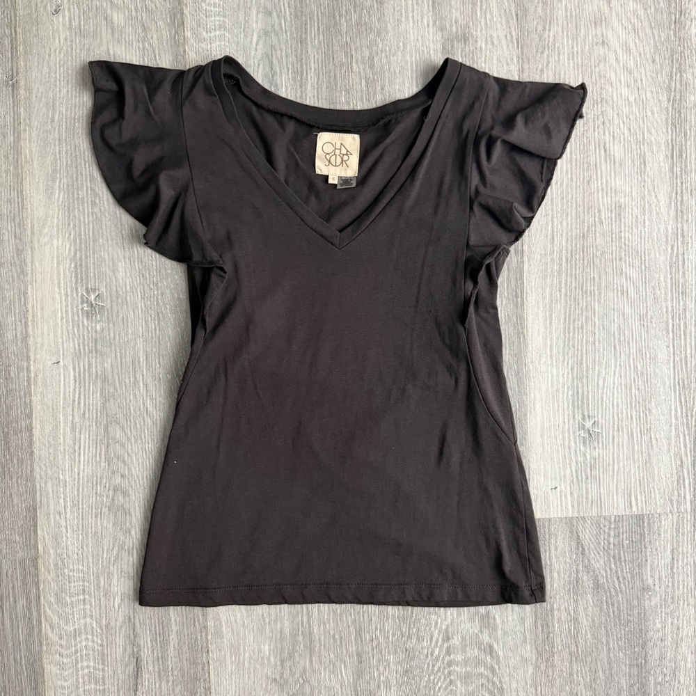Chaser Chocolate Brown V-Neck Flutter Sleeve Tee